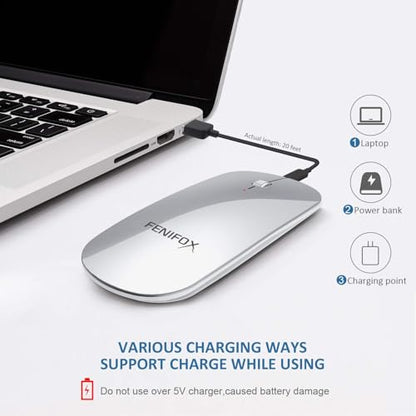FENIFOX Wireless Bluetooth Mouse, Slim Travel Silent Rechargeable Silver | Flat, Portable, Whisper Quiet, 3 Buttons Design , 2400 DPI Precision for iPad Laptop MacBook Tablet iPhone - color: Silver