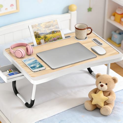 Laptop Bed Table with Foldable Legs & Cup Holder - Portable Lap Desk for Eating, Working, Writing on Bed, Sofa or Floor, Lightweight Standing Tray for Laptop, Breakfast, Tablet, Book (Yellow) - color: Yellow
