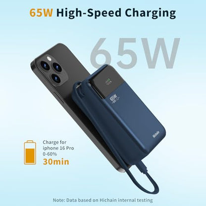 Hichain Laptop Power Bank 65W Portable Charger 20000mAh Blue | Fast Charging with USB C Cable, Phone Charger for iPhone 17/16/15/14/13 All Series/Samsung/Android, Camping Essential - color: Blue