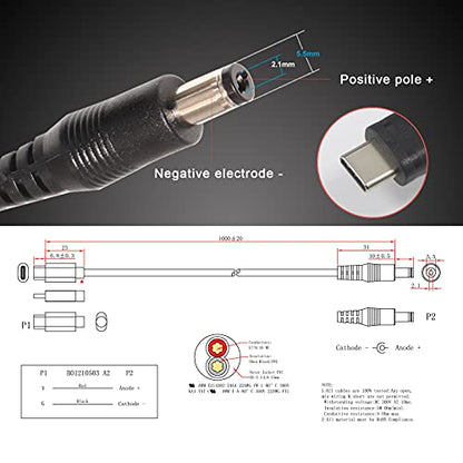 USB-C to DC 12V Power Cable - 12 Volt USB-PD to DC 5.5 x 2.1mm (Max 36W 12V3A), Type-C Male to DC 12V Power Cable for Router, CCTV, Other 12V Devices