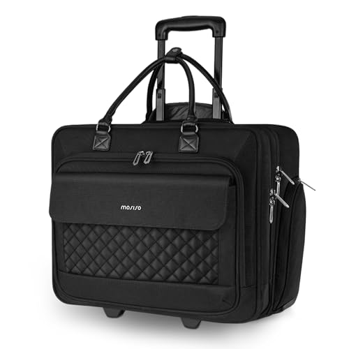 MOSISO Rolling Laptop Bag with Wheels, Rolling Briefcase for Women with Front Pocket & Belt for Work Travel Business, 15-16 inch Expandable Overnight Computer Bag Roller Briefcase for Men, Black