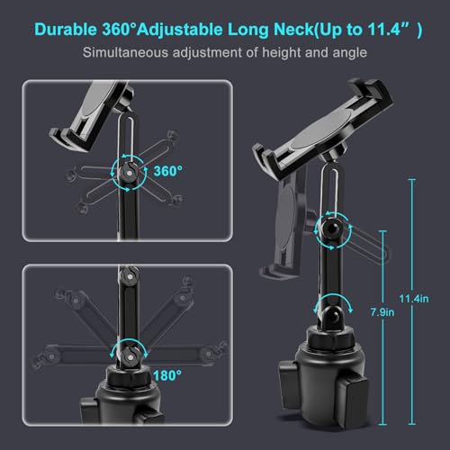 Cup Holder Car Tablet Mount, 360° Adjustable 2-Arm Stand Holder for iPad Pro 12.9/11/10.5/9.7/Air/Mini 6/5/4, Galaxy Tab/Z Fold 6/5, Amazon Fire HD, iPhone 16/15/14/Pro, 4.7-12.9" Tab & Phone - size: 11.4"
