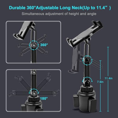 Cup Holder Car Tablet Mount, 360° Adjustable 2-Arm Stand Holder for iPad Pro 12.9/11/10.5/9.7/Air/Mini 6/5/4, Galaxy Tab/Z Fold 6/5, Amazon Fire HD, iPhone 16/15/14/Pro, 4.7-12.9" Tab & Phone - size: 11.4"