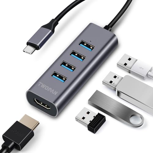 TWOPAN USB-C Hub with 4K HDMI, 4 USB 3.0 Ports, 5Gbps Data Transfer – Ultra-Compact Aluminum Adapter for MacBook, iPad Pro, XPS, Surface, ThinkPad & USB-C Laptops - color: Grey