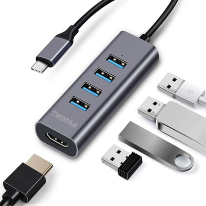 TWOPAN USB-C Hub with 4K HDMI, 4 USB 3.0 Ports, 5Gbps Data Transfer – Ultra-Compact Aluminum Adapter for MacBook, iPad Pro, XPS, Surface, ThinkPad & USB-C Laptops - color: Grey