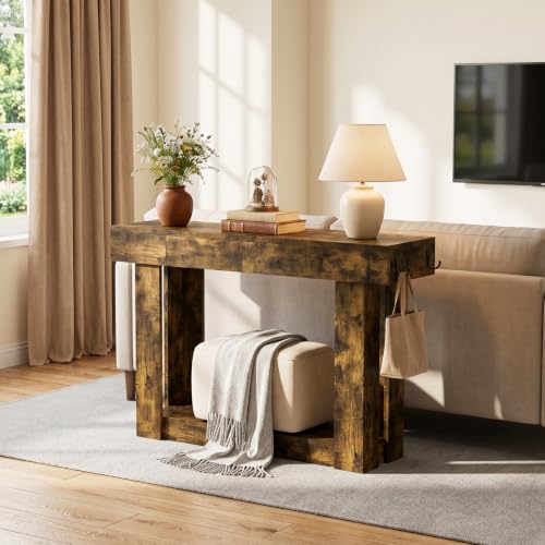 47'' Console Table with 3 Drawers and Open Storage, Entryway Table with Socket, LED Light and Hooks, Narrow Long Wood Sofa Table Behind Couch Table for Living Room, Hallway, Foyer, Brown - size: 47'' IN