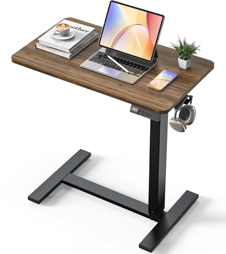 28"x 16" Electric Overbed Table, Rolling Laptop Desk for Bed, Walnut | Height Adjustable Bedside Desk with Hidden Wheels, Mobile Standing Desk for Sofa, Home Office & Hospital Use - color: Walnut, size: 28x16 Inch