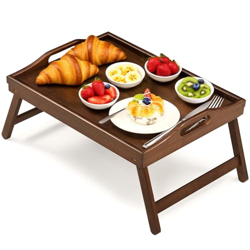 Bamboo Breakfast Tray Table with Folding Legs for Bed Table Sofa - Eating & Laptop Tray Bamboo with Folding Legs (Walnut) - color: Walnut
