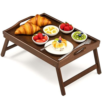 Bamboo Breakfast Tray Table with Folding Legs for Bed Table Sofa - Eating & Laptop Tray Bamboo with Folding Legs (Walnut) - color: Walnut