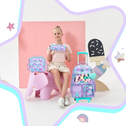 Meetbelify Mermaid Rolling Backpack for Kids - Cute Carry On with Wheels, Lunch Box & Pencil Case - Elementary Student to Teen Girls Luggage - Travel Suitcase - color: A Mermaid