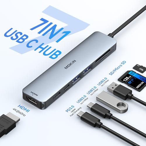 MOKiN USB C Hub HDMI Adapter Dongle for MacBook/Dell/HP/Lenovo Laptop | 4K@60HZ HDMI, 3*5Gbps USB A 3.0, 100W USB C Charging Port, SD/microSD Card Reader