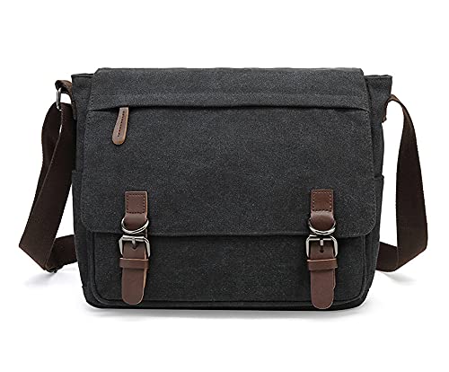Sechunk Canvas Vintage Messenger Bag Shoulder bag Leather Large Travel Crossbody bags for men women 15inch Laptop - color: Black, size: Small