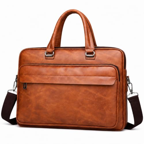 Men's Leather Laptop Bag 15 IN, Water-Resistant Briefcase Messenger Bag for Work, Business, Shoulder Crossbody Office Satchel - color: Khaki
