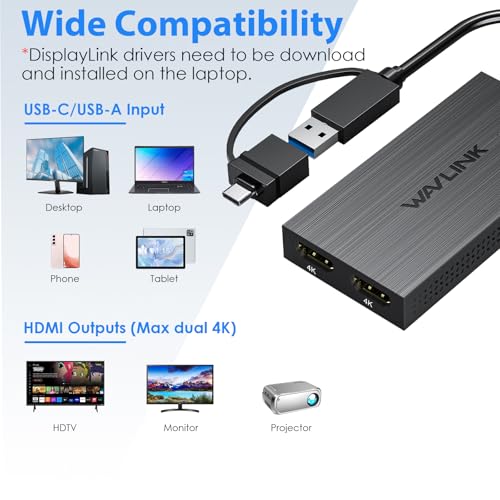 WAVLINK DisplayLink USB A/C to Dual HDMI Adapter 4K@60Hz for 2 Monitors | DisplayLink USB 3.0 & USB C to 2 HDMI Adapter for Dual Monitor, for Mac M1-M5/Neo, Windows, ChromeOS, Ubuntu
