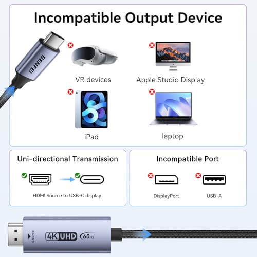 BENFEI HDMI to USB C Cable 6 feet 4K@60Hz, Unidirectional HDMI (Source) to USB-C (Display) Adapter for MacBook, Steam Deck, PS5/4, Nintendo Switch, AR/XR, Portable Monitors