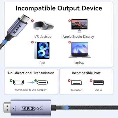 BENFEI HDMI to USB C Cable 6 feet 4K@60Hz, Unidirectional HDMI (Source) to USB-C (Display) Adapter for MacBook, Steam Deck, PS5/4, Nintendo Switch, AR/XR, Portable Monitors