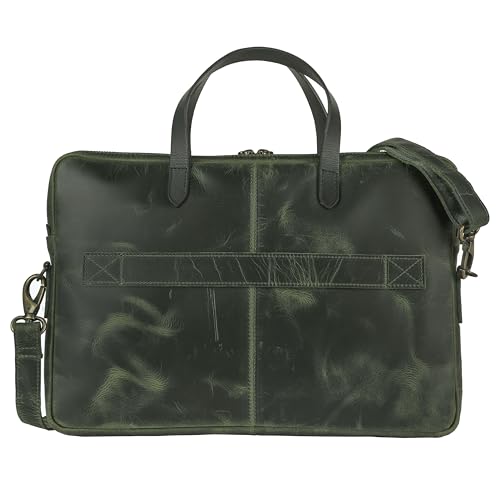 KomalC Leather Laptop Sleeve 15.5" with Trolley Strap, Fits up to 16" Laptop, Slim Office Bag with Shoulder Strap - color: Green