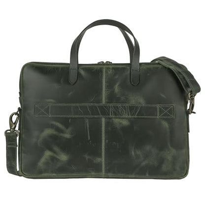 KomalC Leather Laptop Sleeve 15.5" with Trolley Strap, Fits up to 16" Laptop, Slim Office Bag with Shoulder Strap - color: Green