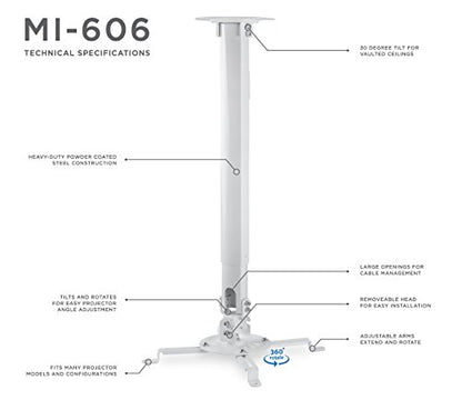 Mount-IT! Projector Ceiling Mount [30 lbs Capacity] Universal Bracket | 360 Full Motion with Tilt and Swivel Rotate | Adjustable Pole Height from 21-34.5 Inches, Extendable Arms (White | Long) - style: Long