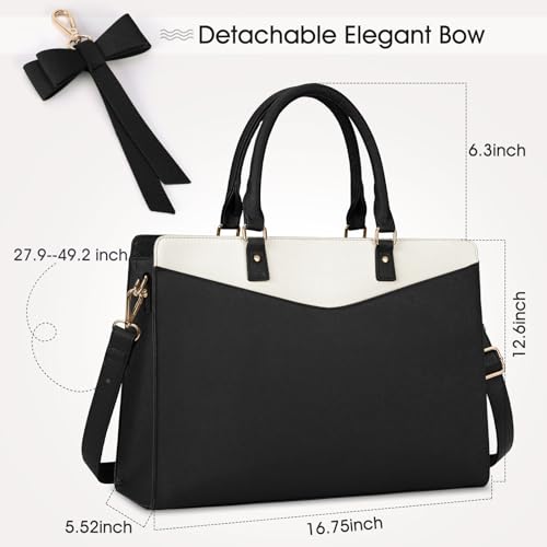 RAINSMORE Laptop Bag for Women 15.6 Inch PU Leather Laptop Tote Professional Business Office Work Bag Waterproof Briefcase Computer Tote Bag Large Lightweight Handbag Shoulder Bag - color: Black and Beige
