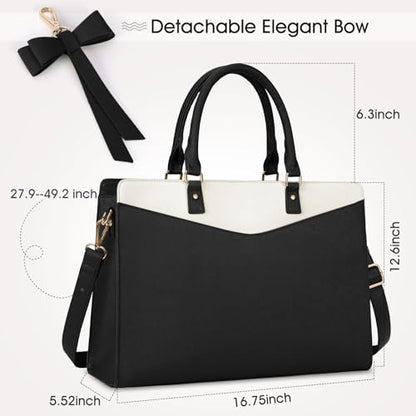 RAINSMORE Laptop Bag for Women 15.6 Inch PU Leather Laptop Tote Professional Business Office Work Bag Waterproof Briefcase Computer Tote Bag Large Lightweight Handbag Shoulder Bag - color: Black and Beige