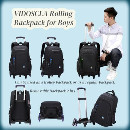 VIDOSCLA Black Kids Boys Rolling Backpack Teens Carry-on Luggage with Wheels Trolly BookBag for School-2 Wheels - color: A1# Black Blue-2 Wheels, style: A1# 2 Wheels