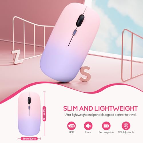 Wireless Bluetooth Mouse,LED Dual Mode Rechargeable Silent Slim Laptop Mouse,Portable(BT5.2+USB Receiver) Dual Mode Computer Mice,for Laptop,Desktop Computer,ipad Tablet,Phone,TV (Pinkish purple) - color: Gradient Pinkish purple