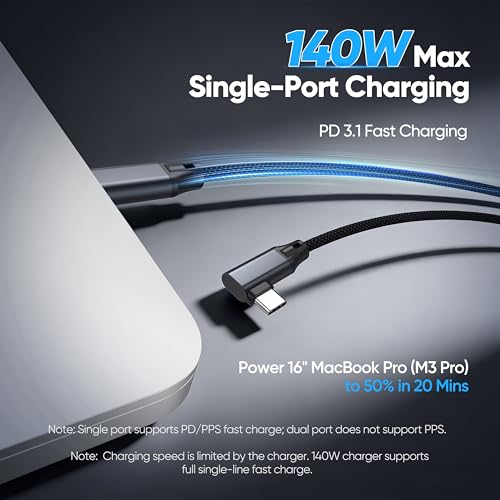 2-in-1 USB C Cable 6Ft USB C to USB C、90 Degree USB-C Cable,140W Multi Charger Cable for laptops, iPhone 17/16, MacBook Pro/Air, iMac、Galaxy Series and More
