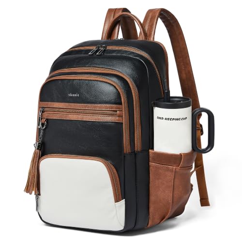 Shrrie 17 Inch Laptop Backpack for Women,Vegan Leather Backpack Purse,28L Work Business College Travel Computer Backpacks with Giant Tumbler Holder & USB Charger,Black and Beige with Caramel Brown - color: Black and Beige With Caramel Brown