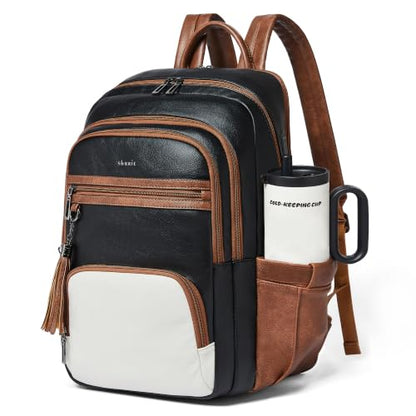 Shrrie 17 Inch Laptop Backpack for Women,Vegan Leather Backpack Purse,28L Work Business College Travel Computer Backpacks with Giant Tumbler Holder & USB Charger,Black and Beige with Caramel Brown - color: Black and Beige With Caramel Brown