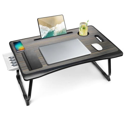 Amaredom Laptop Bed Desk Tray Bed Table, Foldable Portable Lap Desk with Storage Drawer and Cup Holder for Eating Breakfast on Bed/Couch/Sofa-Black - color: Black