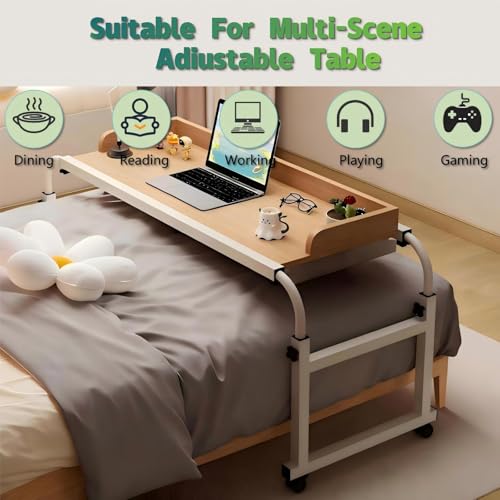 Overbed Table with Wheels and Desktop Enclosure, Height and Length Adjustable Over Bed Desk King Queen Bed Table Overbed Laptop Table (Walnut) - color: Walnut