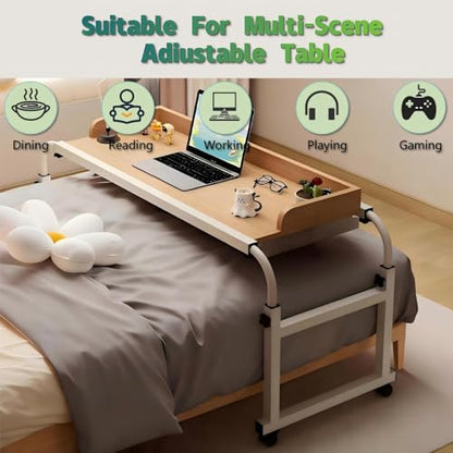 Overbed Table with Wheels and Desktop Enclosure, Height and Length Adjustable Over Bed Desk King Queen Bed Table Overbed Laptop Table (Walnut) - color: Walnut