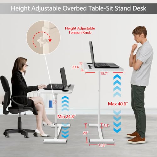 BeGyoku Overbed Table,Over The Bed Table with Hidden Wheels&Cup Holder,Adjustable Bedside Table and Rolling Table Tray&Laptop Cart,Hospital Table Over Bed for Home Use (White) - color: White