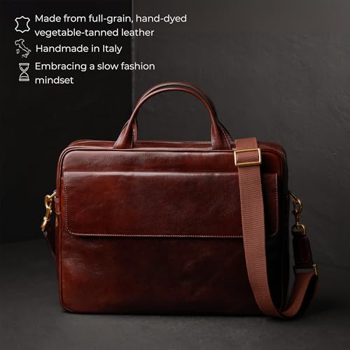 Time Resistance Leather Briefcase - Italian Handmade Leather Laptop Bag - Handbag for Men - Professional Computer Case - color: Brown