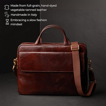 Time Resistance Leather Briefcase - Italian Handmade Leather Laptop Bag - Handbag for Men - Professional Computer Case - color: Brown
