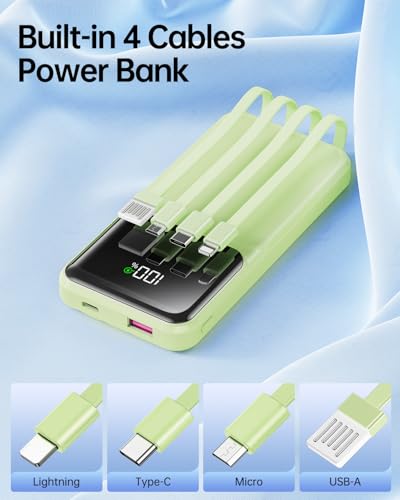 RONEGN Portable Charger with Built in Cable -20000mAh Fast Charging Power Bank USB C Slim 22.5W LED Display Battery Pack 5 Outputs & 3 Inputs for Travel Essentials iPhone Samsung Phones Green - color: Green