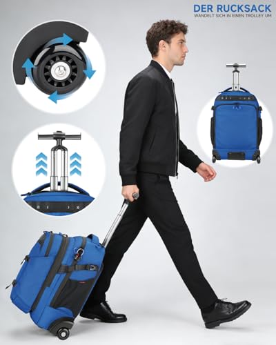 2-in-1 Detachable Rolling Backpack & Daypack, 56L Large Backpacks with Wheels Fits 17 Inch Laptop, Water Resistant, Carry On Luggage for College, Travel, Camping, Hiking Blue - color: Blue, style: Rolling Backpack