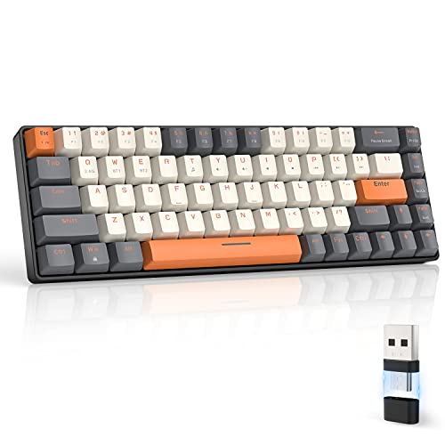 ZIYOU LANG RK68 60% Wireless Mechanical Keyboard, Bluetooth 5.0/2.4Ghz Dual Mode 2-in-1 USB-C Receiver Mini Mechanical Keyboard, Hot Swappable Red Switch Gaming Keyboard for PC/MAC/Laptops - color: white & Orange/Red Switch