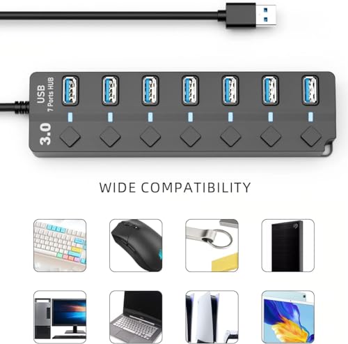 Eanetf 7-Port USB 3.0 Hub On/Off Switches 5Gbps for Laptop | 7-port USB 3.0 hub, Individual on/off switches with LEDs, 5Gbps high-speed data, 4ft cable, For laptop/PC/MacBook/PS5/HDD,