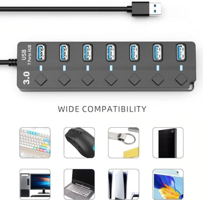 Eanetf 7-Port USB 3.0 Hub On/Off Switches 5Gbps for Laptop | 7-port USB 3.0 hub, Individual on/off switches with LEDs, 5Gbps high-speed data, 4ft cable, For laptop/PC/MacBook/PS5/HDD,