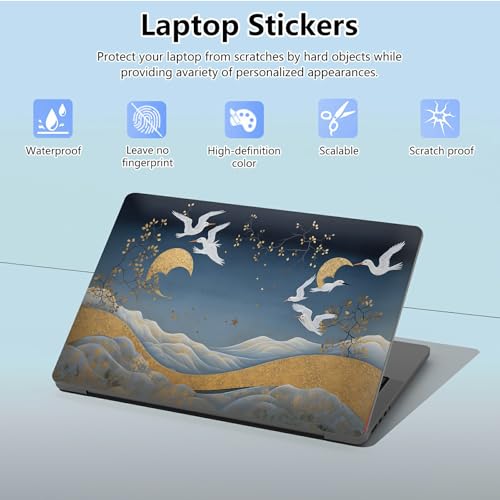 Universal Laptop Skin Sticker with 2 Wrist Pad Skins, Waterproof Scratch Resistant Vinyl Laptop Cover Decal, Cut to Fit for 11–15.6 Inch MacBook HP Dell Lenovo, Crane Golden Cloud - color: Crane Golden Cloud