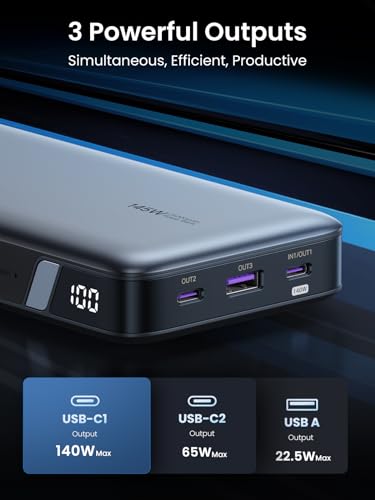 UGREEN 145W Power Bank Bundle with 240W 6FT USB C to USB C Cable for iPhone 15 Pro Max, Samsung Galaxy S24/S23, MacBook Pro/Air, iPad Pro/Air/Mini, Dell XPS