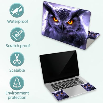 Universal Laptop Skin Decal, 3-Piece Vinyl Protector for 12 13 14 15.6" Notebook, Waterproof Anti-Scratch, Easy Trim & Bubble-Free Finish, Owl with Glowing Eyes - color: Owl with Glowing Eyes