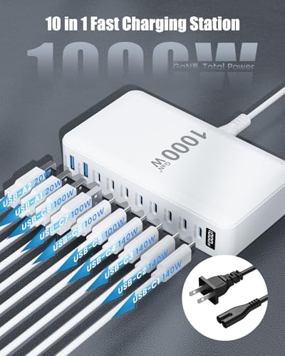 USB C Charger 1000W USB C Charger Block,Upgraded GaN IV 10-Port Charging Station Hub,Travel Essentials 140W Fast Charging Laptop Adapter for MacBook Pro/Air,DELL,Steam Deck,iPhone 17/16,Galaxy S25/24 - color: White