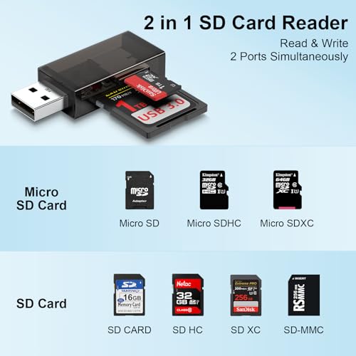 USB Micro SD Card Reader for Computer,PC,2-in-1 SD Card Reader to USB Adapter,High-Speed Dual Slots Memory Card Reader Adapter for SD,SDXC, SDHC, MMC, RS-MMC, Micro SDXC, Micro SD, TF,Micro SDHC