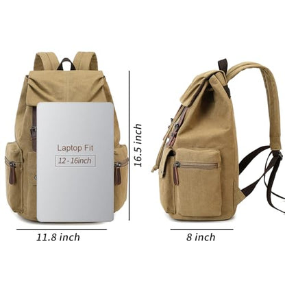 Retro Canvas & Leather Laptop Backpack, 15.6 Inch Durable Unisex Bag for Hiking, Work & Travel, Water Resistant Daypack - color: Khaki