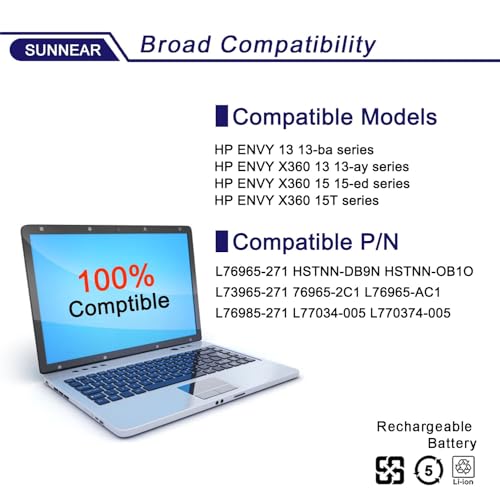 BN03XL L77034-005 Laptop Battery Replacement for HP Envy 13 13-ba 13-AR 13-AY Envy X360 15 2020 15-ED 15M-EE 15M-EE0013DX 15M-EE0023DX Series Notebook HSTNN-DB9N L73965-271 L76985-271 51Wh - size: 8.8*5.3*1.41 inches BN03XL-x