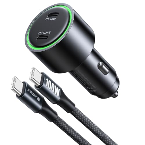 Esoulk145W USB C Car Charger Dual Port Cigarette Lighter Phone Charger | 145W fast dual USB-C car charger, includes 6ft 100W braided USB-C cable, charges 2 phones, tablets, or laptops.