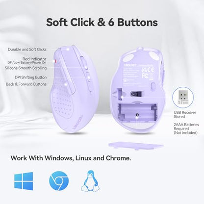 TECKNET Wireless Mouse, 2.4G Ergonomic Computer Mouse, 2600 DPI, Lavender | Ergonomic Design with Side Grips, Adjustable DPI, 2-Year Battery, Compact Size, USB-A Plug & Play, Wide OS Compatibility - color: Lavender